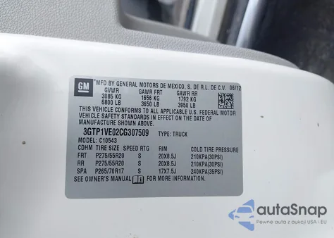 2012 GMC Sierra 1500 Sle z USA, uszkodzony, nr VIN 3GTP1VE02CG307509